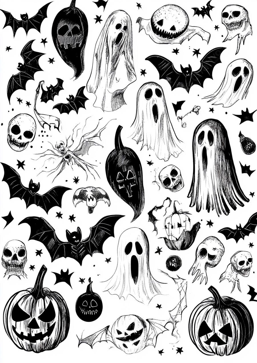 Foto Halloween Fantasmas Abóboras Morcegos Desenho P&B