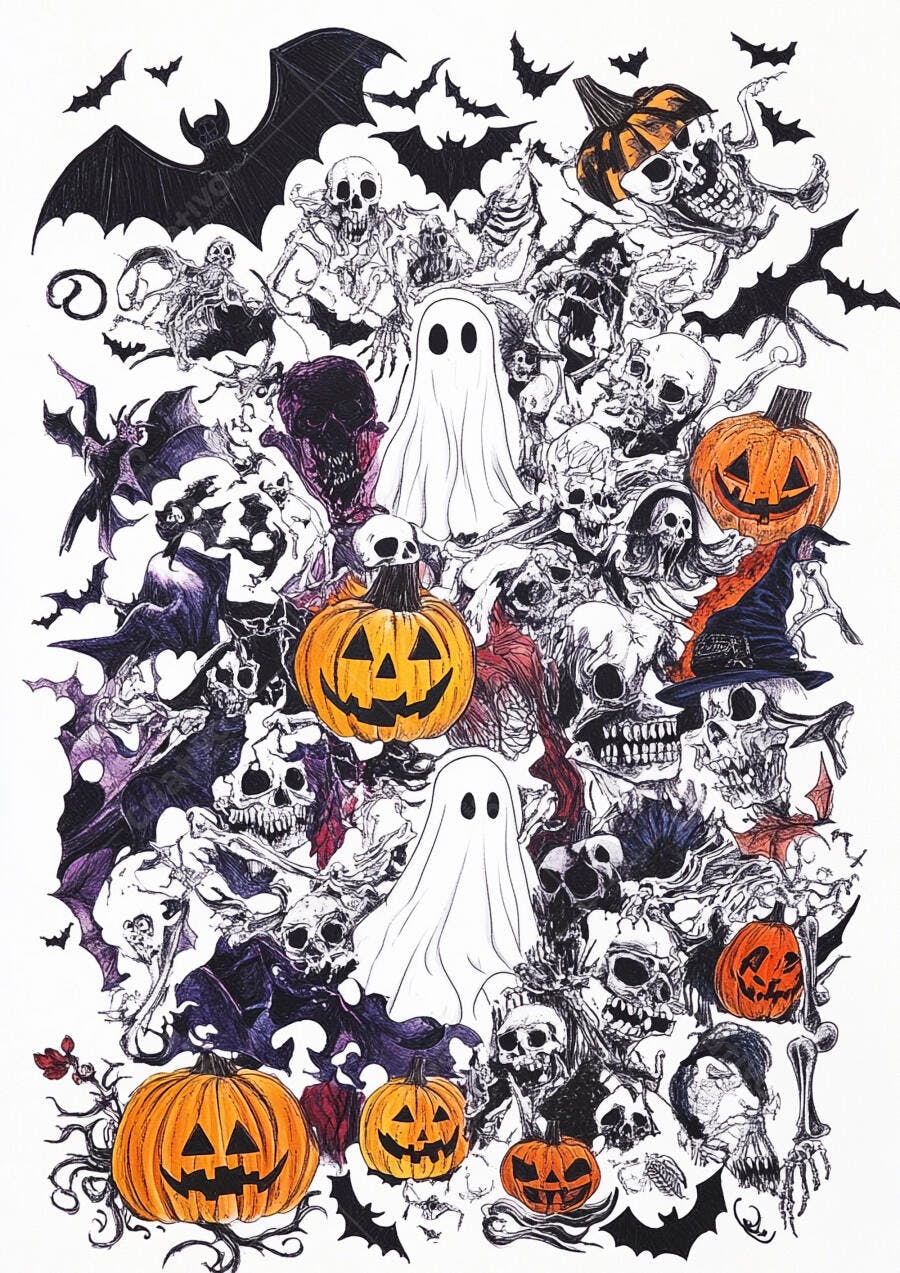 Ilustração Halloween Esqueletos Abóboras Fantasmas Morcegos