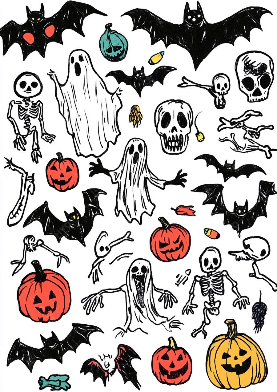Ilustração Halloween Fantasmas Abóboras Morcegos Esqueletos Fundo Branco