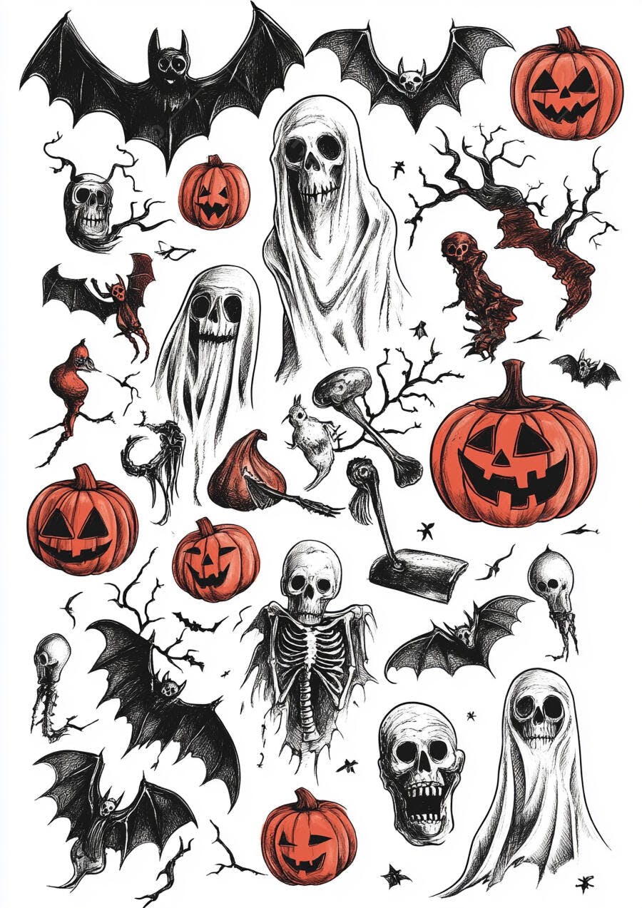Foto Ilustração Halloween Abóboras Morcegos Esqueletos