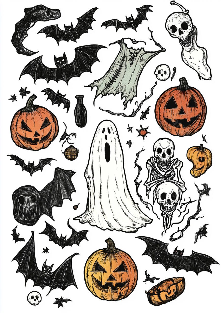 Ilustração Halloween Ícones Sombrios Abóboras Fantasmas Morcegos