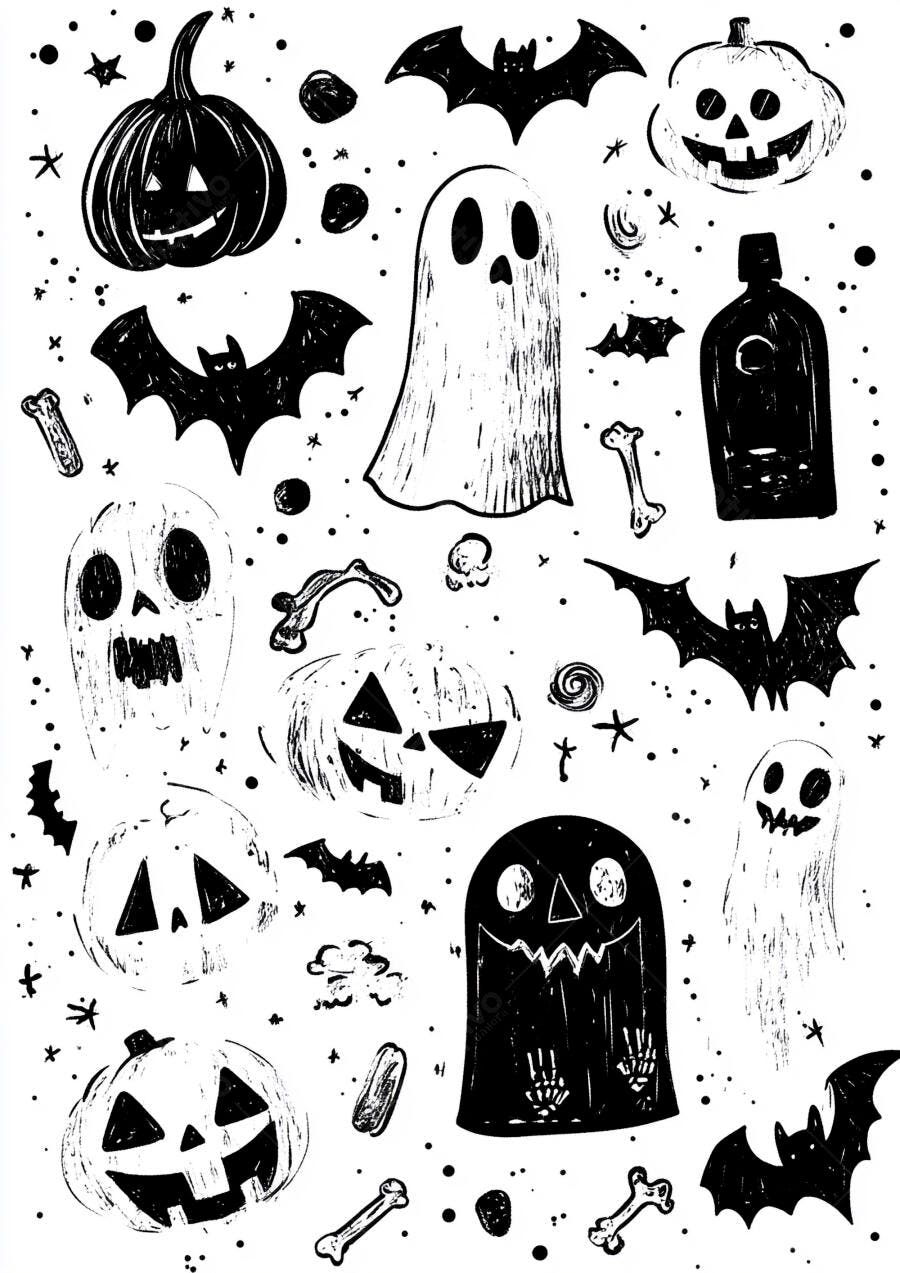 Ilustração Halloween Fantasmas Abóboras Morcegos Desenho Preto e Branco