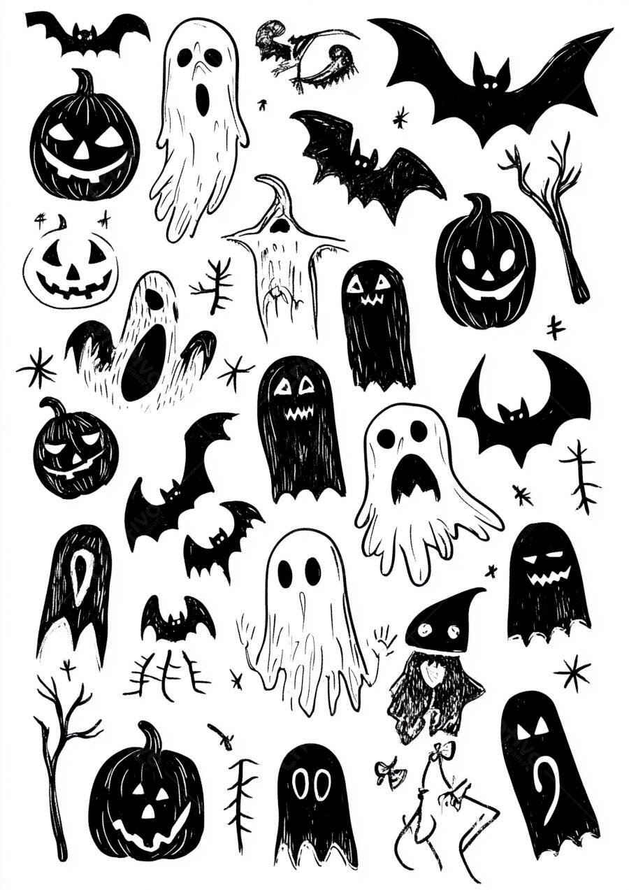 Desenhos Halloween Fantasmas Abóboras Morcegos Ilustração