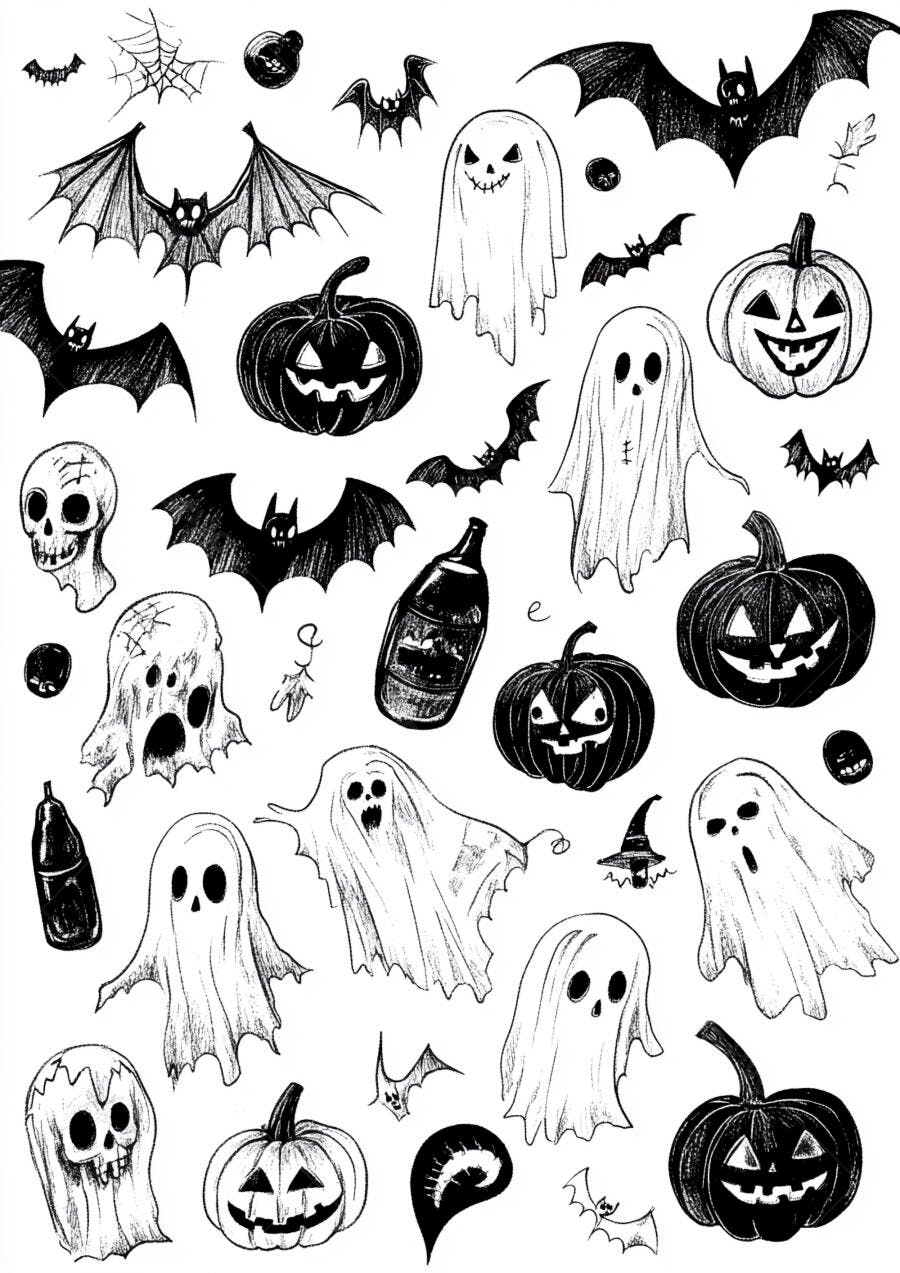 Ilustração Halloween Fantasmas Abóboras Morcegos Desenho
