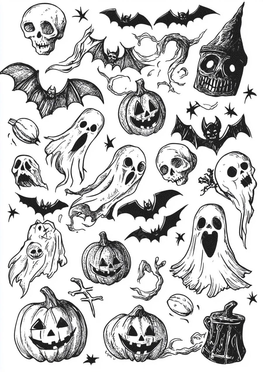 Ilustração Halloween Abóboras Fantasmas Morcegos Esqueletos