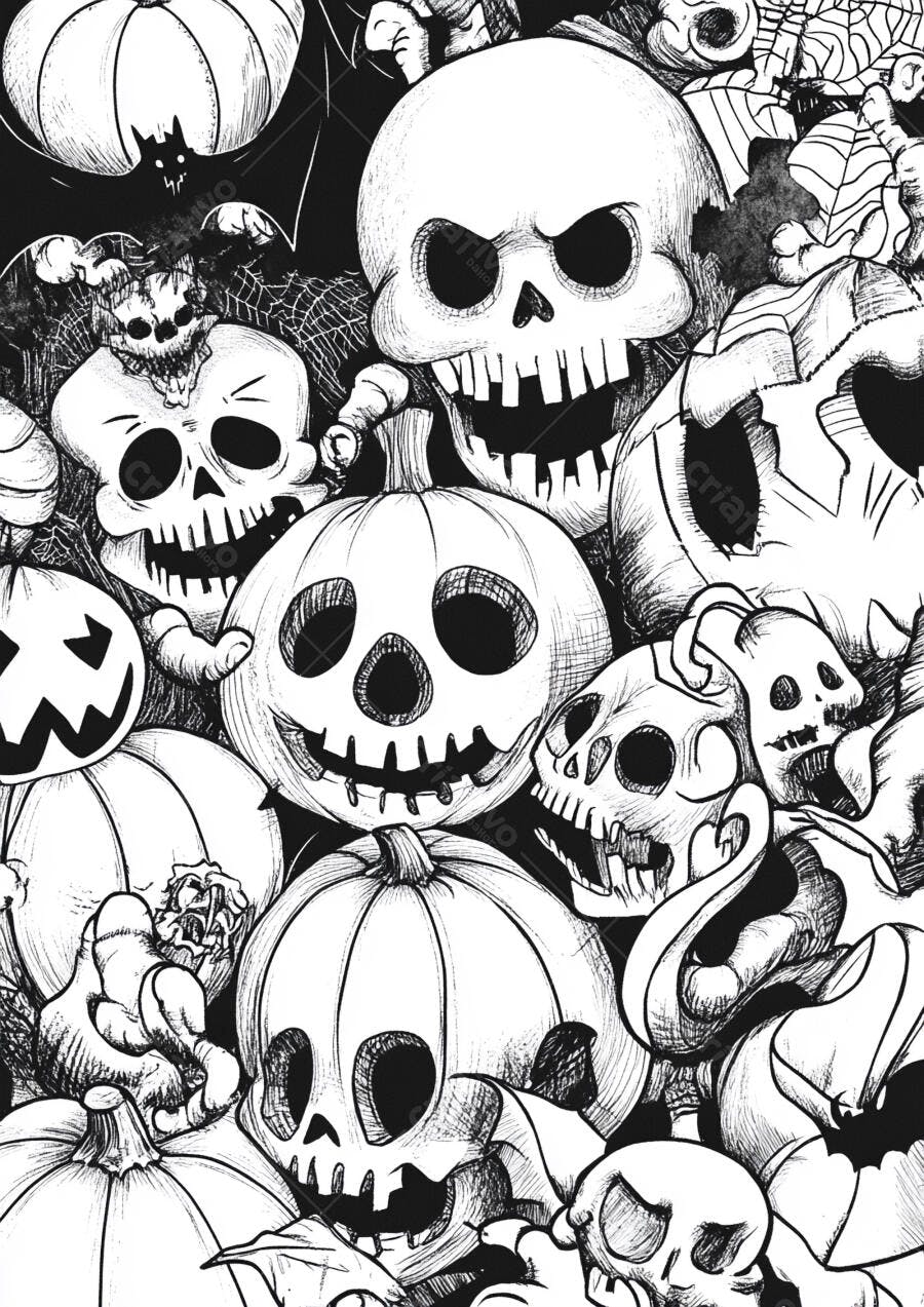 Ilustração Halloween Abóboras e Crânios Assustadores Preto e Branco