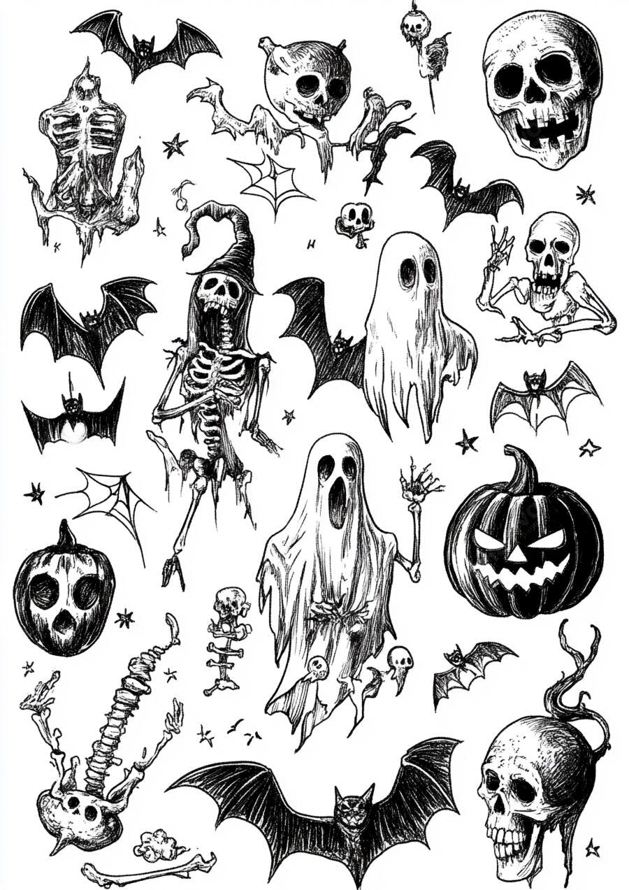 Foto Ilustrações Halloween Esqueletos Fantasmas Morcegos Abóboras