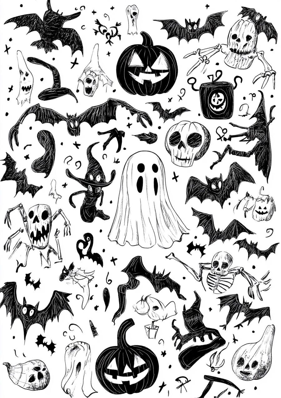 Ilustração Halloween Desenhos Assustadores Abóboras Morcegos Esqueletos