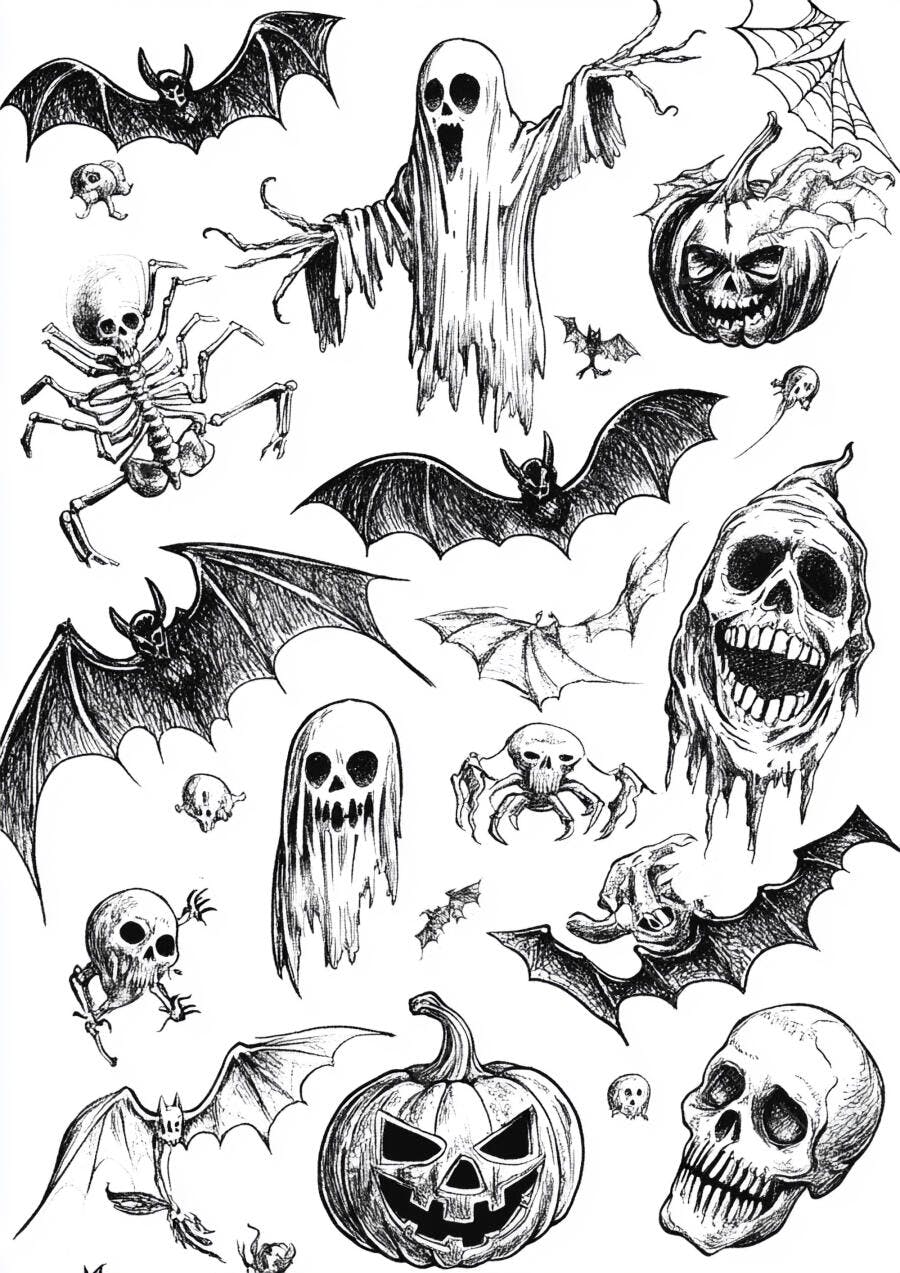 Foto Ilustração Halloween Fantasmas Abóboras Morcegos Esqueletos