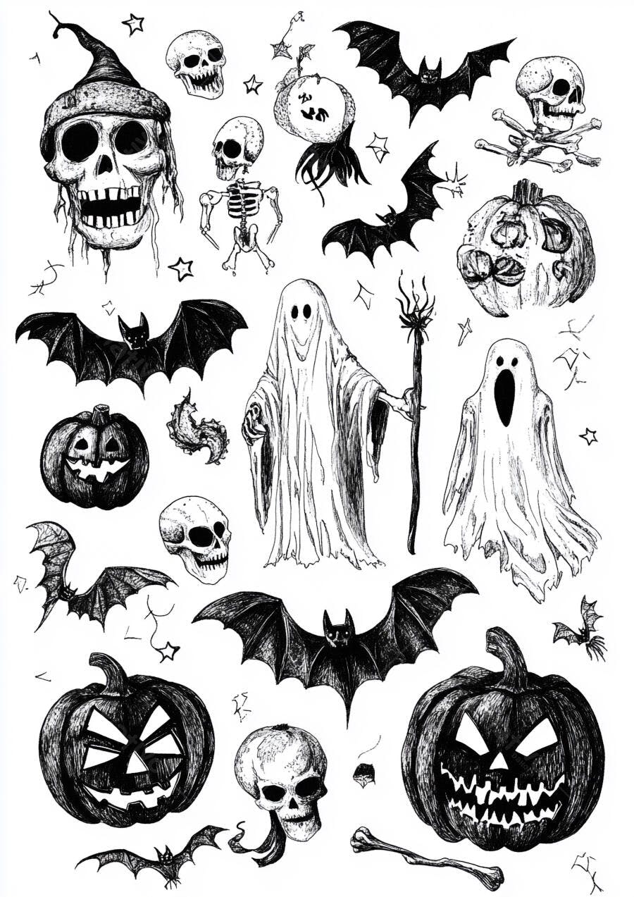 Ilustração Halloween Esqueletos Abóboras Fantasmas Morcegos