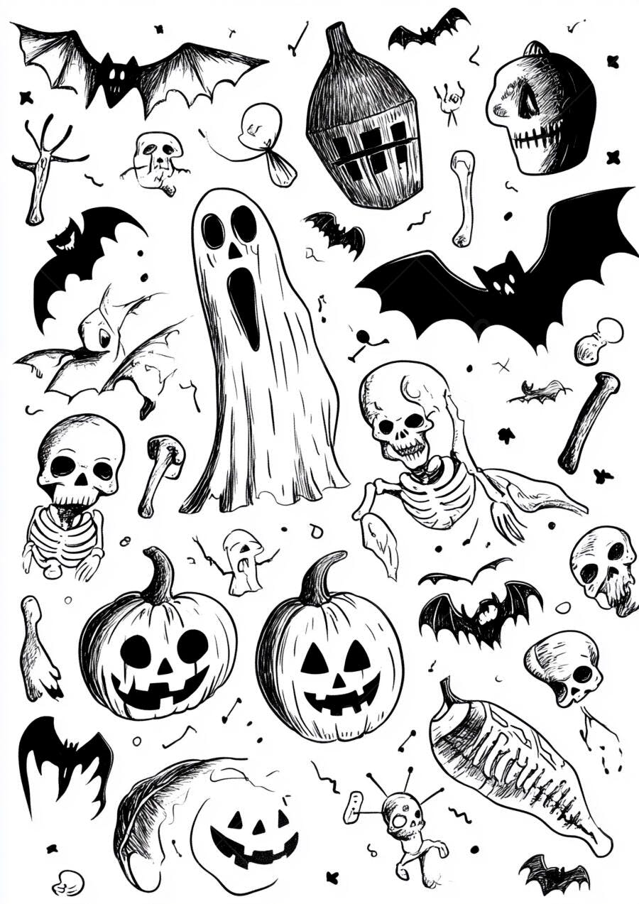 Ilustração Halloween Fantasmas Abóboras Morcegos Esqueletos Desenho