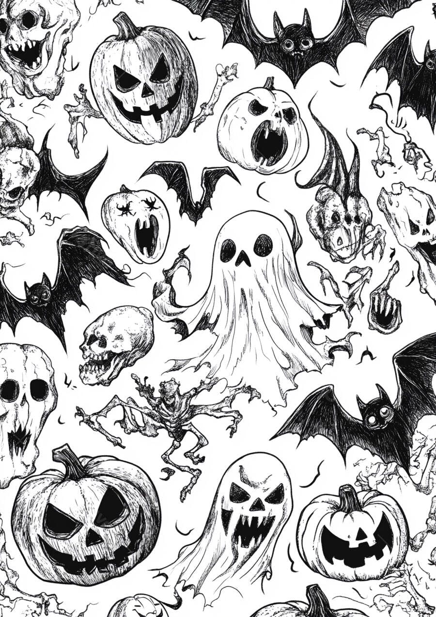Padrão Halloween Fantasmas Abóboras Morcegos Esqueletos Desenho