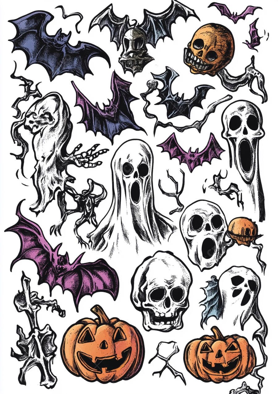 Ilustração Halloween Morcegos Abóboras Caveiras Fantasmas