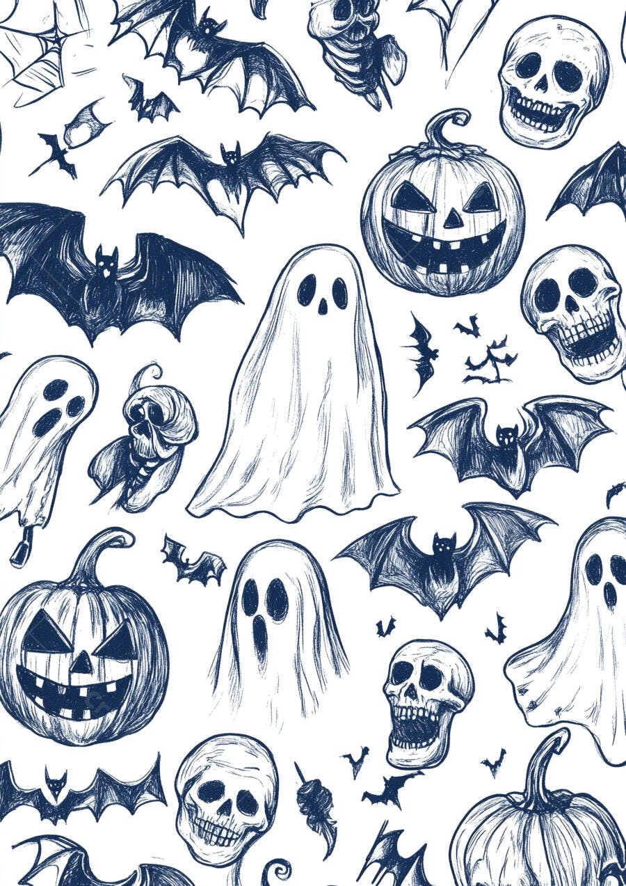 Padrão Halloween Fantasmas Abóboras Morcegos Esqueletos Desenho