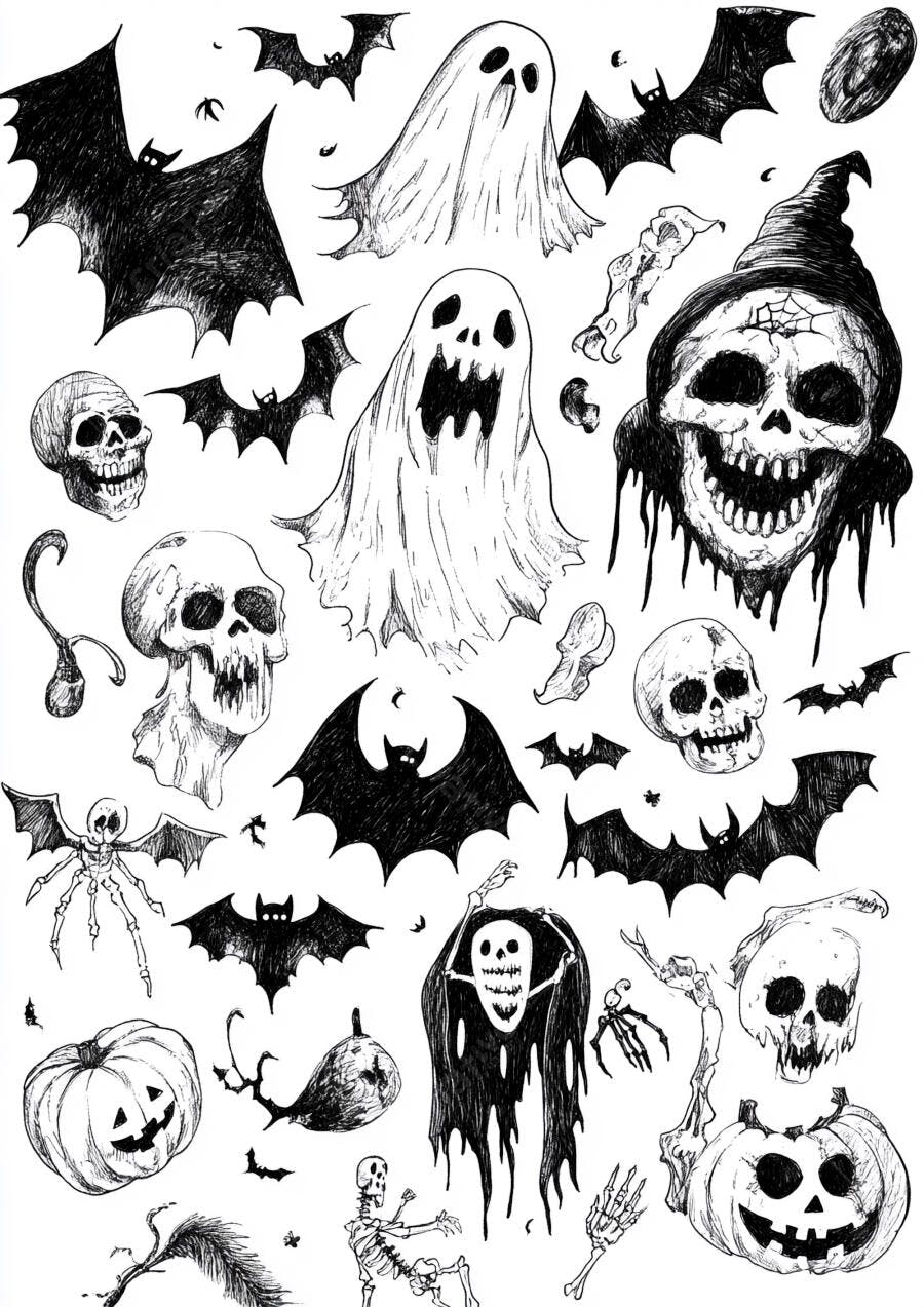 Foto Desenho Halloween Fantasmas Morcegos Caveiras Abóboras