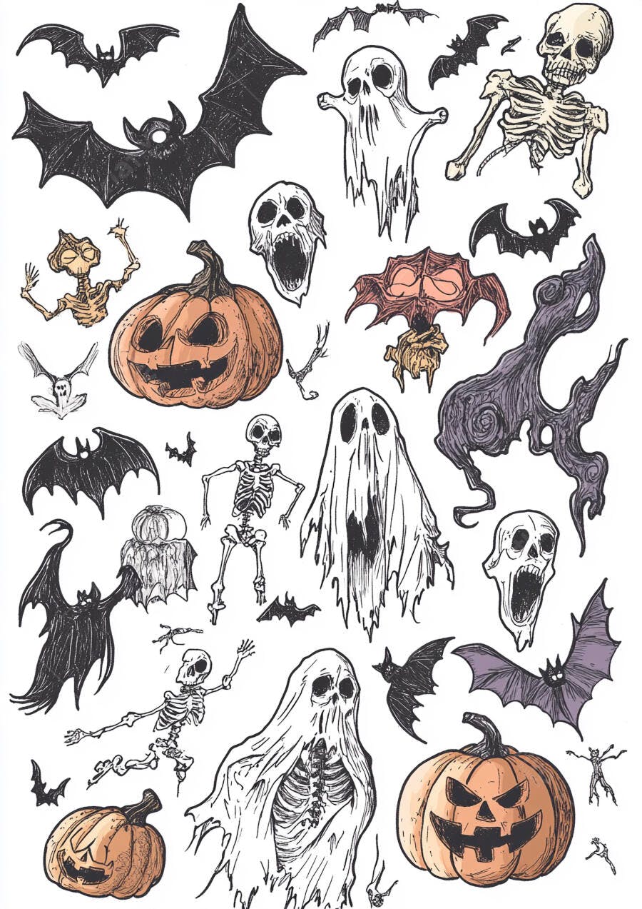 Ilustração Halloween Fantasmas Abóboras Morcegos Esqueletos