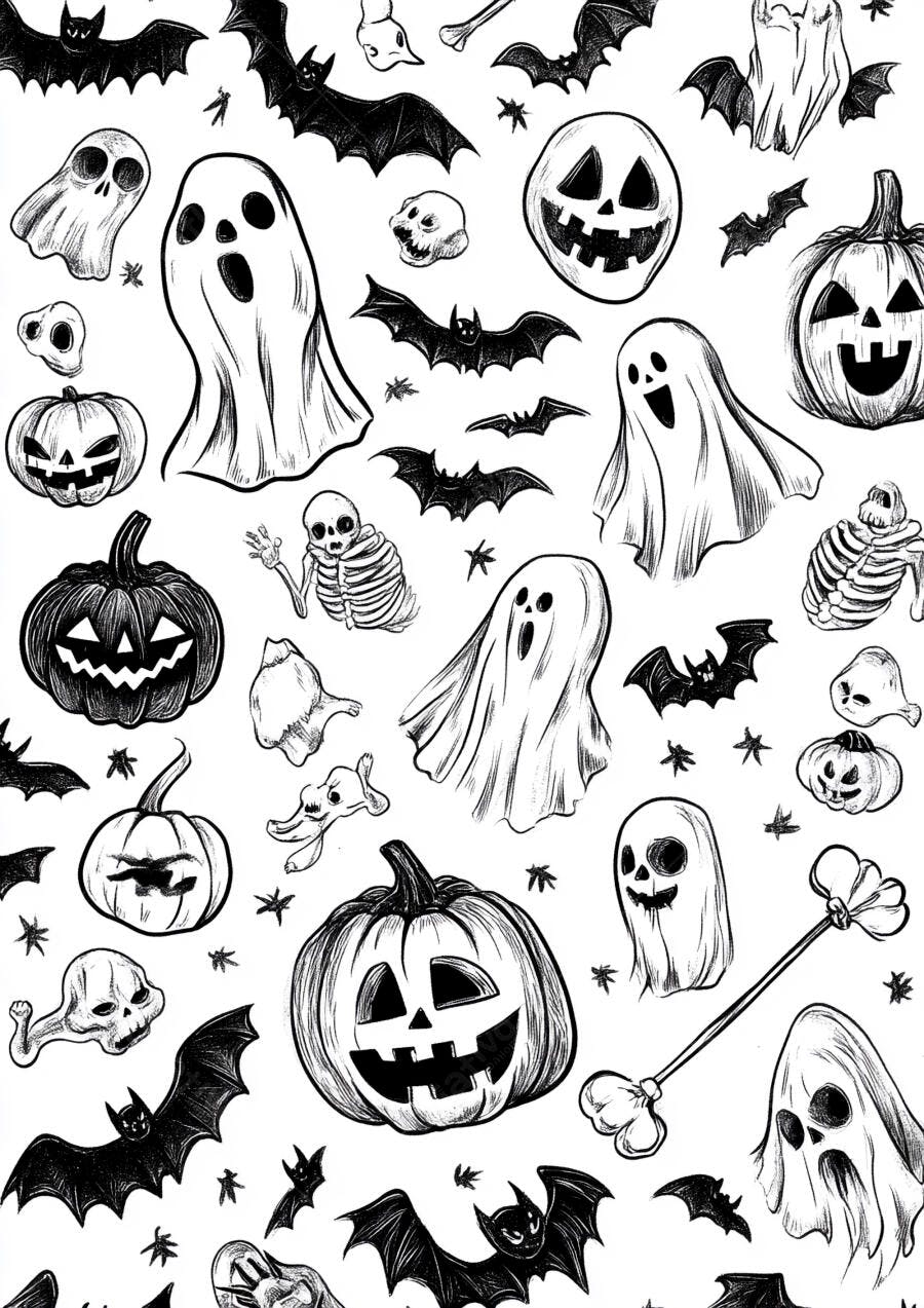 Ilustração Halloween Fantasmas Abóboras Morcegos Esqueletos