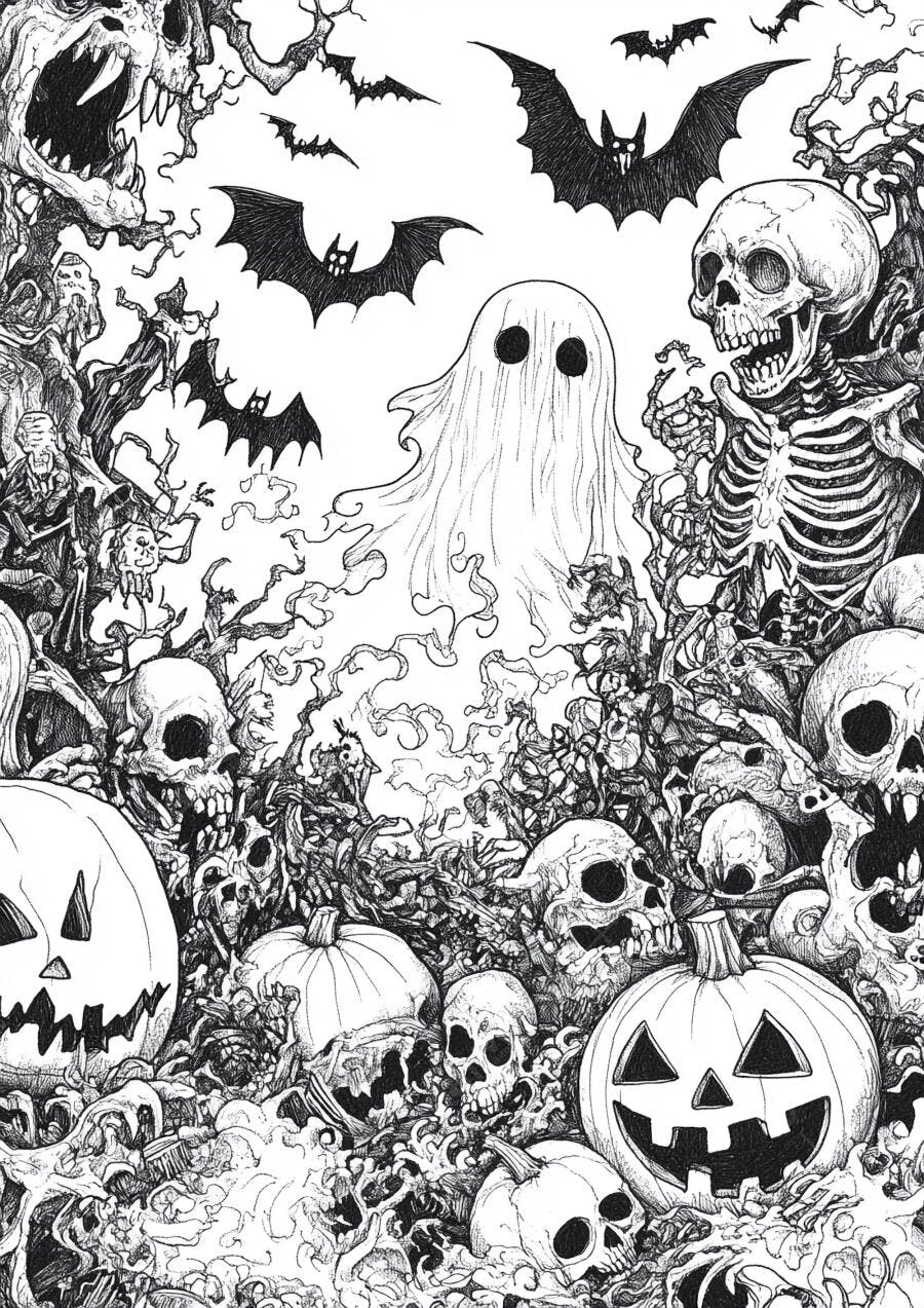 Ilustração Halloween Fantasma Abóboras Esqueletos Morcegos
