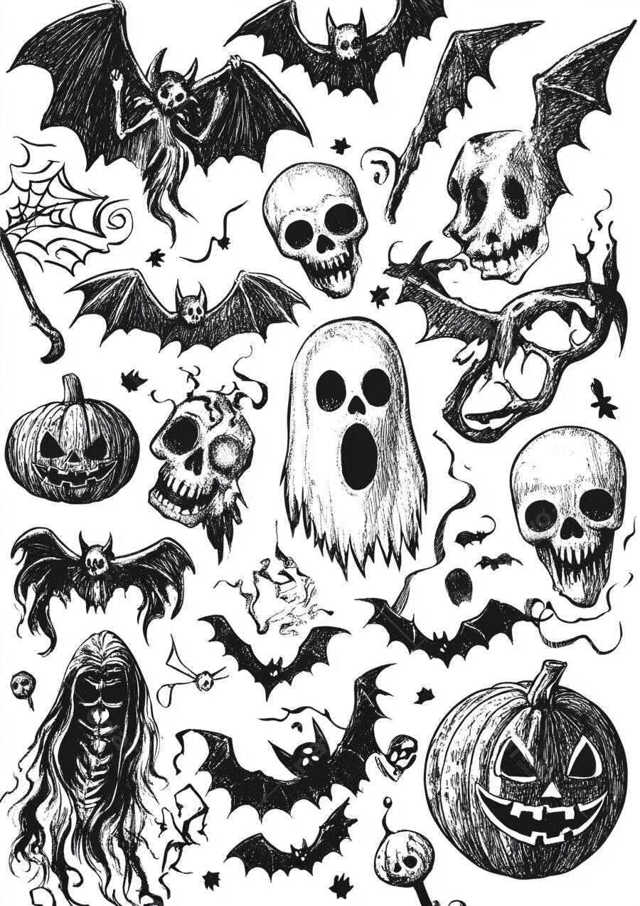 Ilustração Halloween Morcegos Abóboras Caveiras Fantasma Desenho