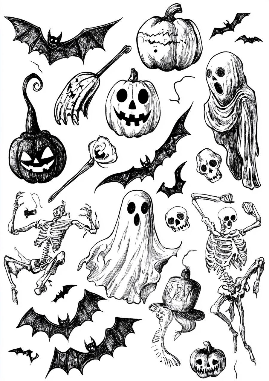 Foto Ilustração Halloween Abóboras Fantasmas Esqueletos Morcegos
