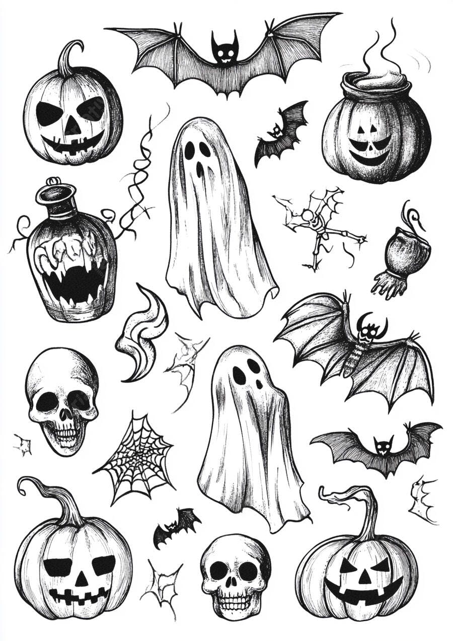 Ilustração Halloween Desenhos Abóboras Fantasmas Morcegos