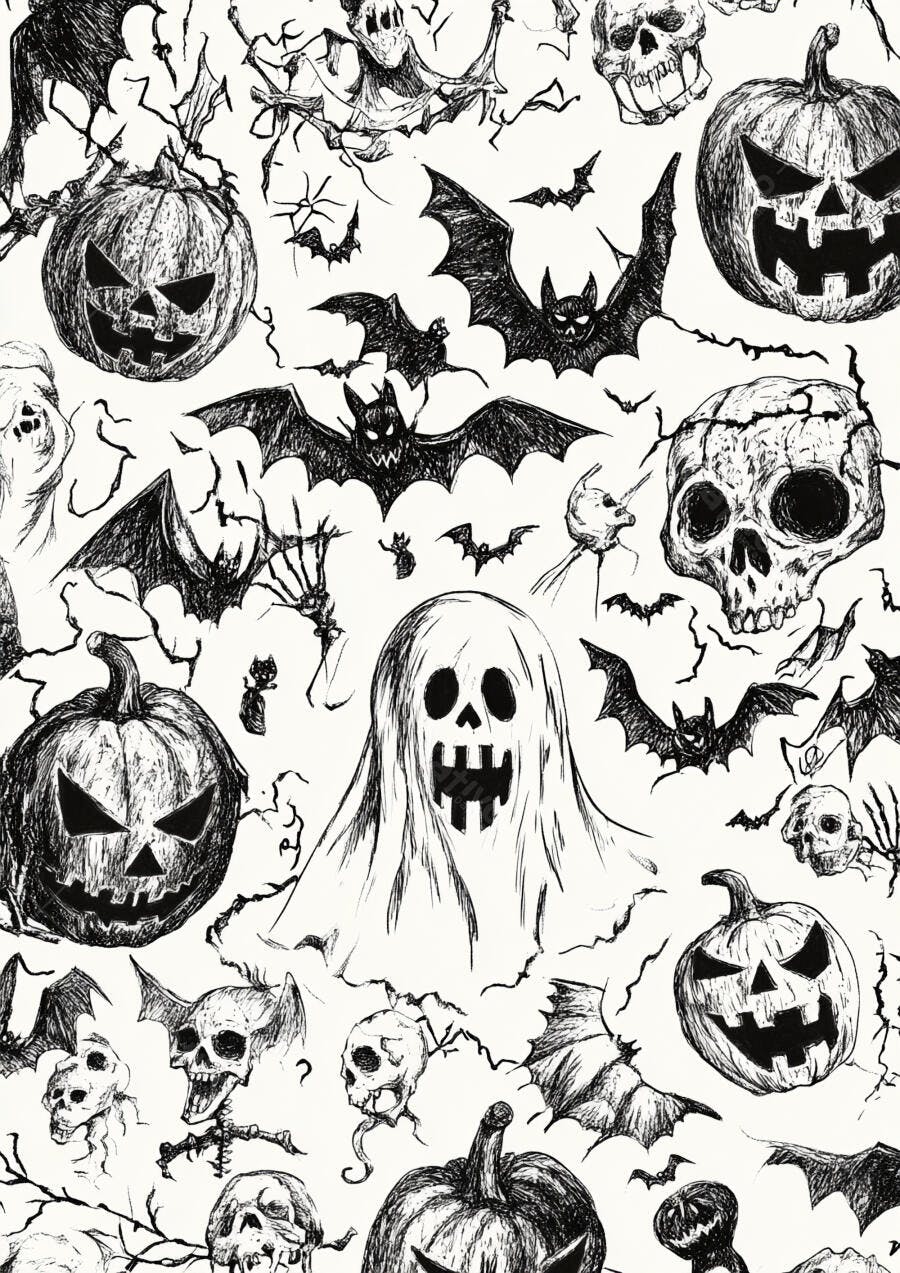 Foto Padrão Halloween Abóboras Morcegos Fantasmas Caveiras