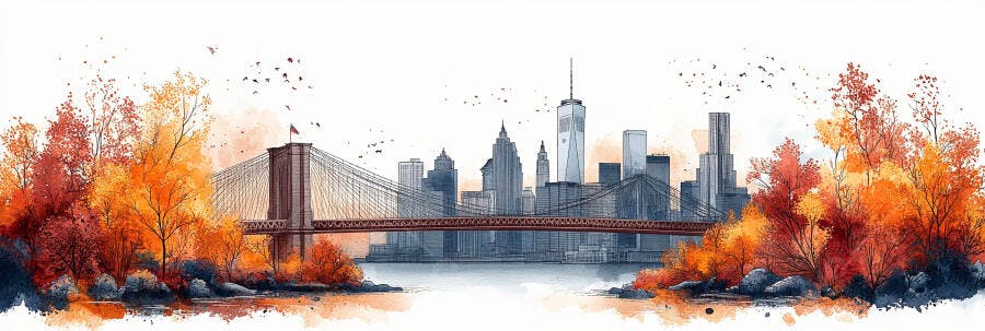 Pintura Aquarela Brooklyn Bridge Outono Nova York Skyline