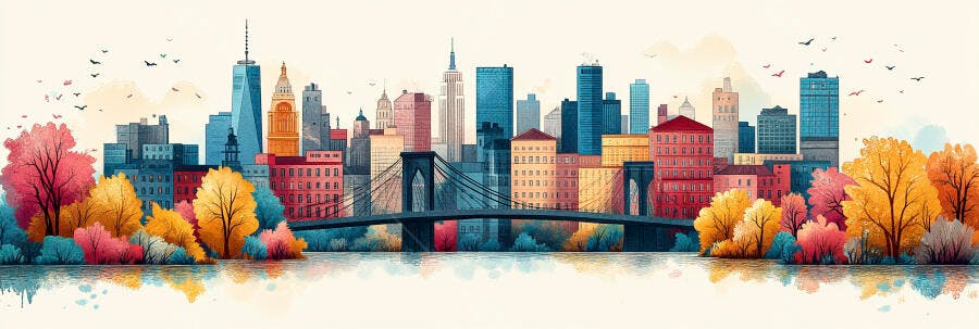 Ilustração Cidade Outono Aquarela com Ponte e Árvores Coloridas