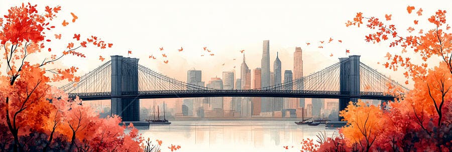 Ponte Brooklyn Outono Nova York Aquarela Ilustração