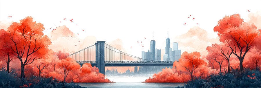 Ilustração Ponte e Cidade com Árvores Laranjas Outono