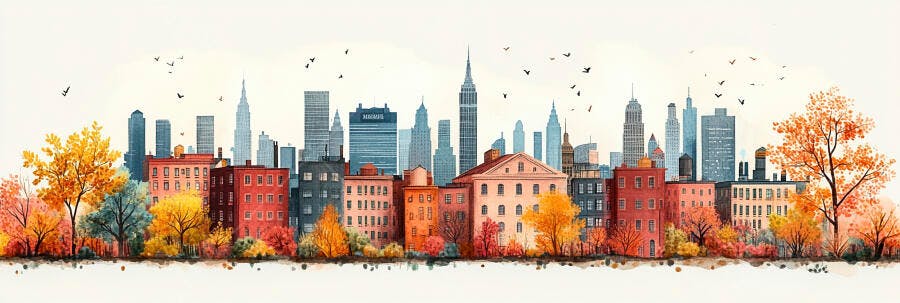 Ilustração Cidade Outono Aquarela Edifícios Árvores Coloridas