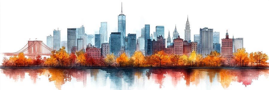 Skyline Nova York Outono Aquarela Ponte Brooklyn