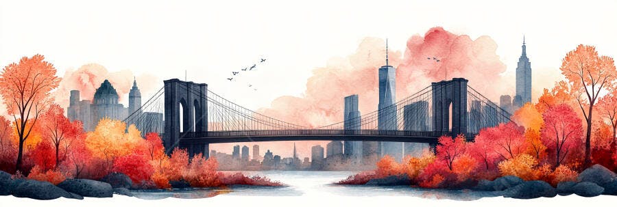 Ponte do Brooklyn e horizonte de Nova York outonal em aquarela vibrante