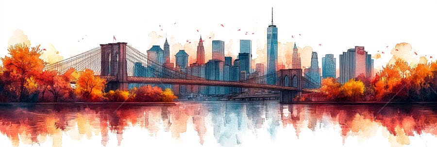 Ilustração Aquarela Skyline Nova York Ponte Brooklyn Outono