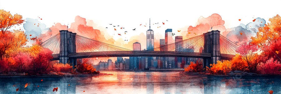 Ponte do Brooklyn Nova York Outono Aquarela Ilustração