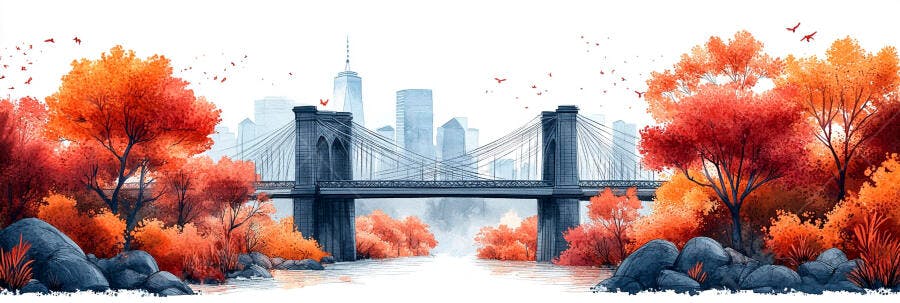 Ponte Brooklyn Outono Aquarela Nova Iorque Cidade