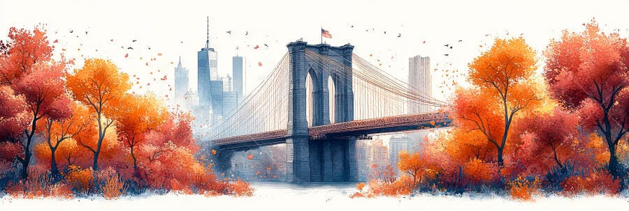 Ponte Brooklyn Outono Nova York Aquarela Ilustração