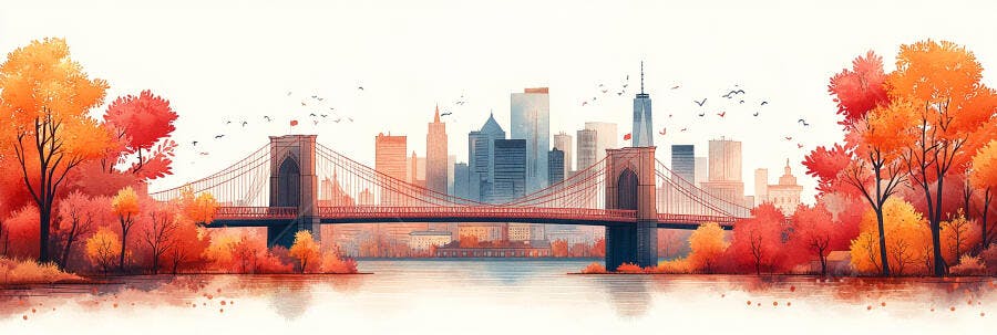 Ponte Brooklyn Outono Aquarela Skyline Nova York