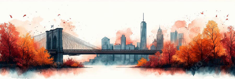 Ponte Brooklyn Nova York Outono Aquarela Ilustração