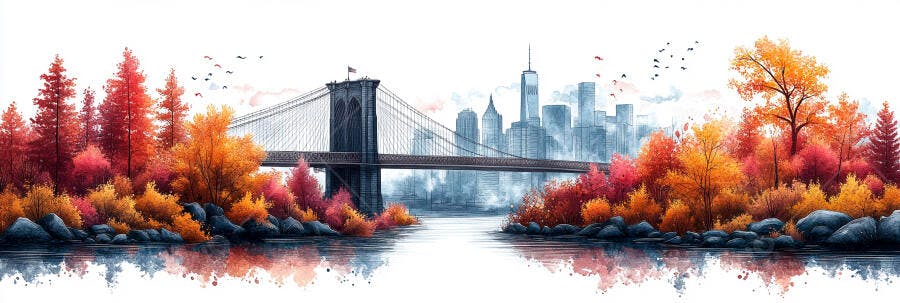 Ilustração Ponte do Brooklyn Outono Nova York Aquarela