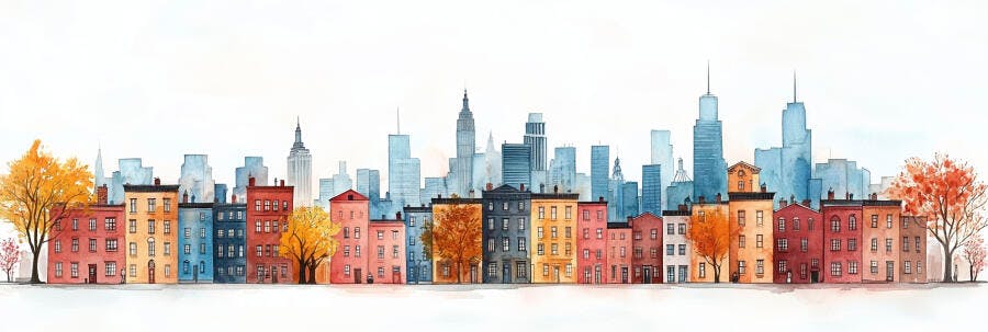 Ilustração Aquarela Skyline Cidade Outono Edifícios Coloridos