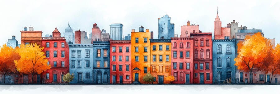 Ilustração Aquarela Prédios Coloridos Outono Rua Cidade