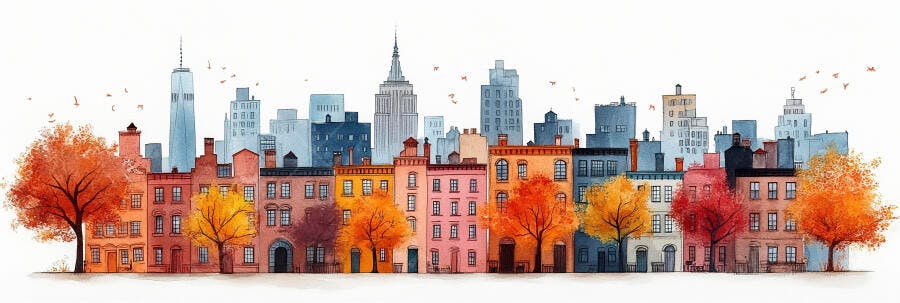 Ilustração Cidade Outono Prédios e Árvores Coloridas