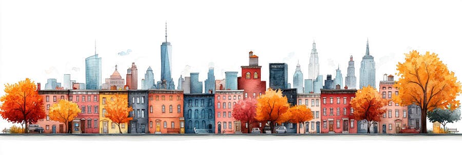 Foto Cidade Outono Aquarela Prédios Coloridos Árvores Laranjas