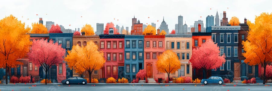 Ilustração Casas Coloridas Outono Árvores Laranjas e Rosas