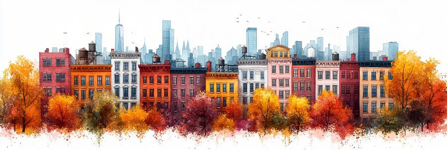 Ilustração Cidade Outono Prédios Coloridos Aquarela