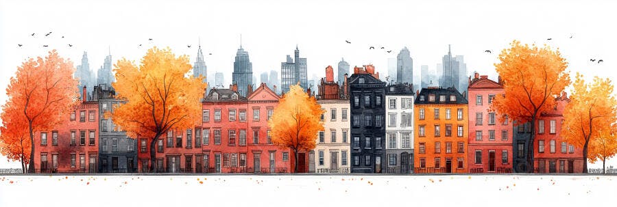 Ilustração Aquarela Casas Cidade Outono Árvores Laranjas