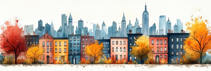 Ilustração Aquarela Cidade Outono Prédios e Árvores Coloridas