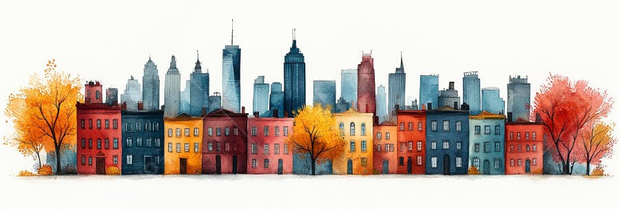 Ilustração Aquarela Cidade Edifícios Coloridos Outono