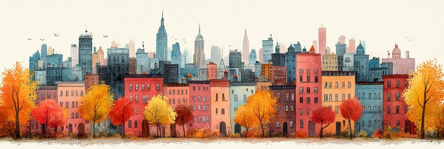 Ilustração Cidade Outono Prédios Coloridos Árvores Amarelas